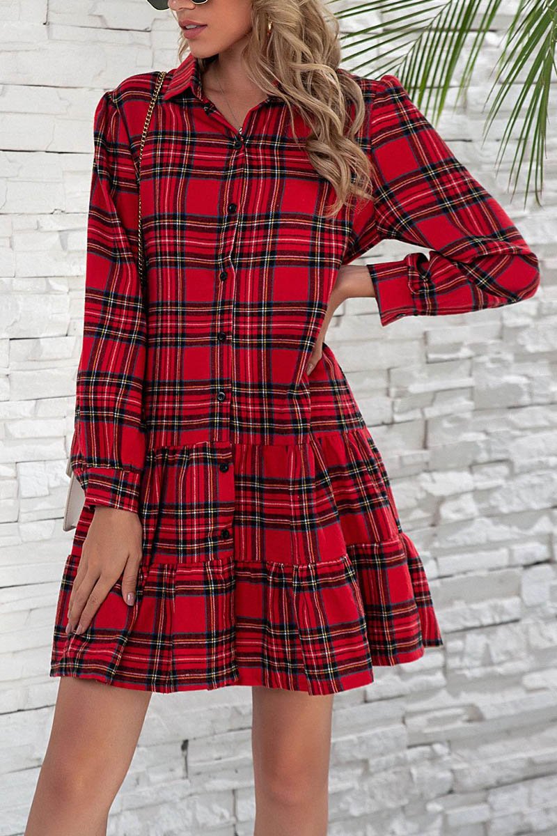 Florcoo Plaid Shirt Long Sleeve Single Dress