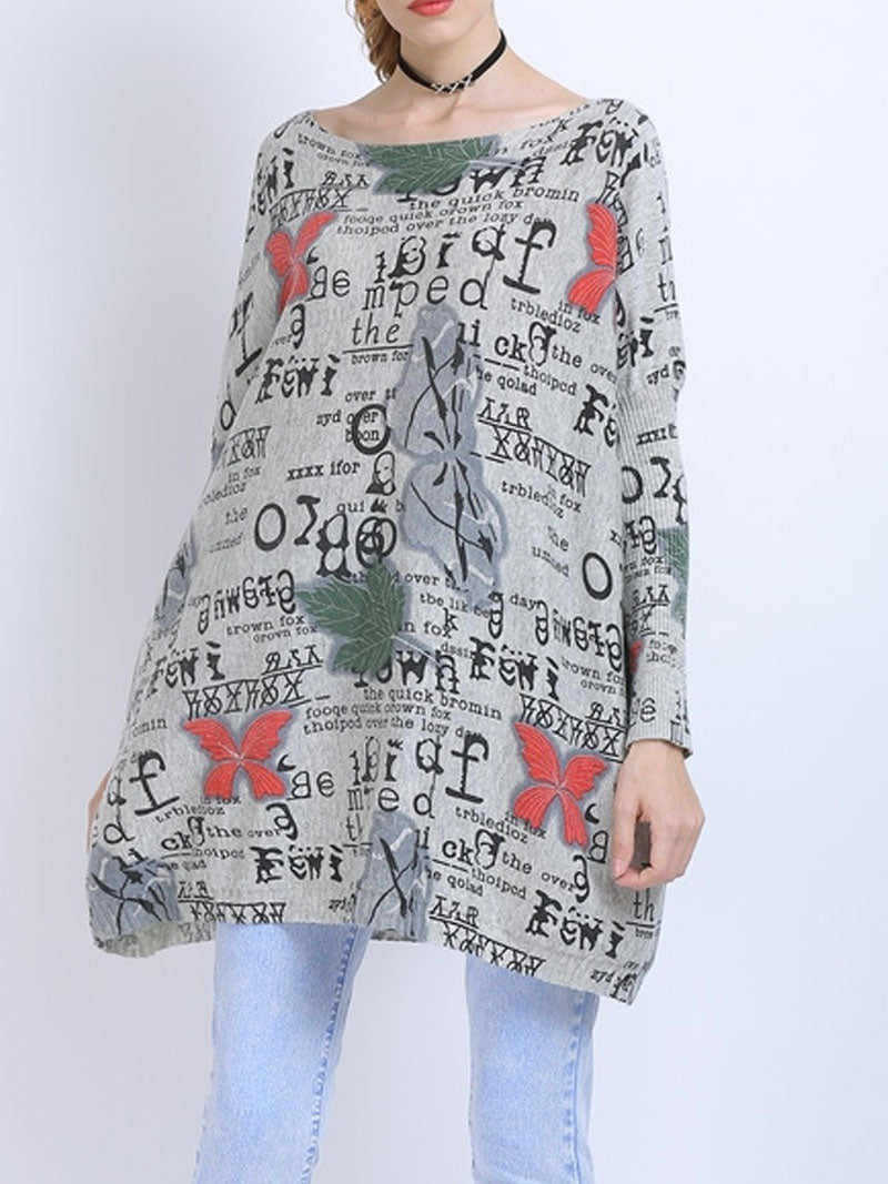 Boat Neck Butterfly Letter Print Long Sleeve Knit Tunic Top 9
