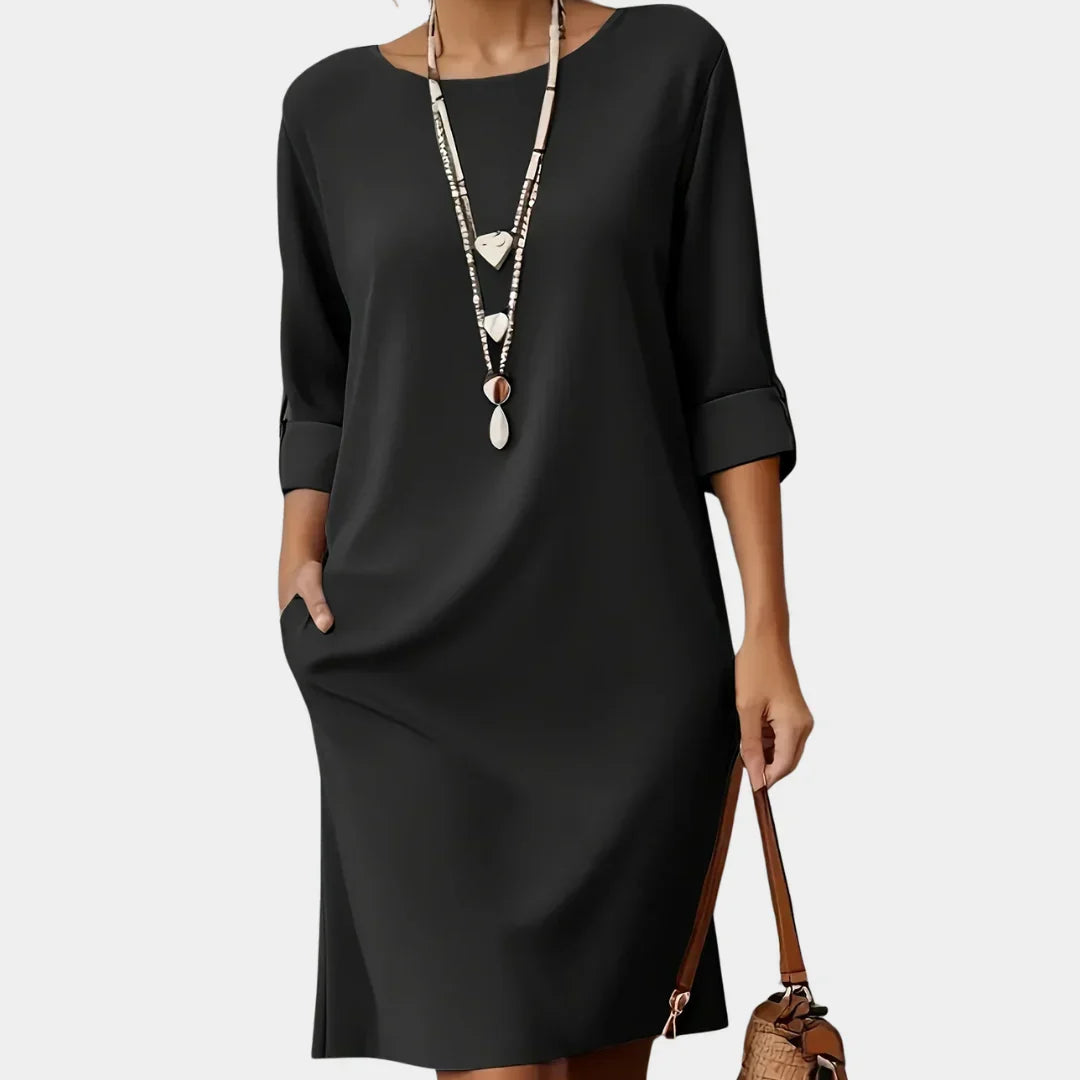 Round Neck Roll-Tab Sleeve Side Slit Pocket Shift Midi Dress 2
