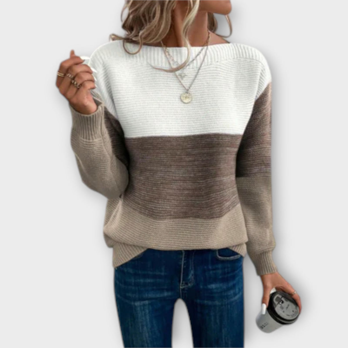 Boat Neck Color Block Ribbed Knit Drop Shoulder Sweater