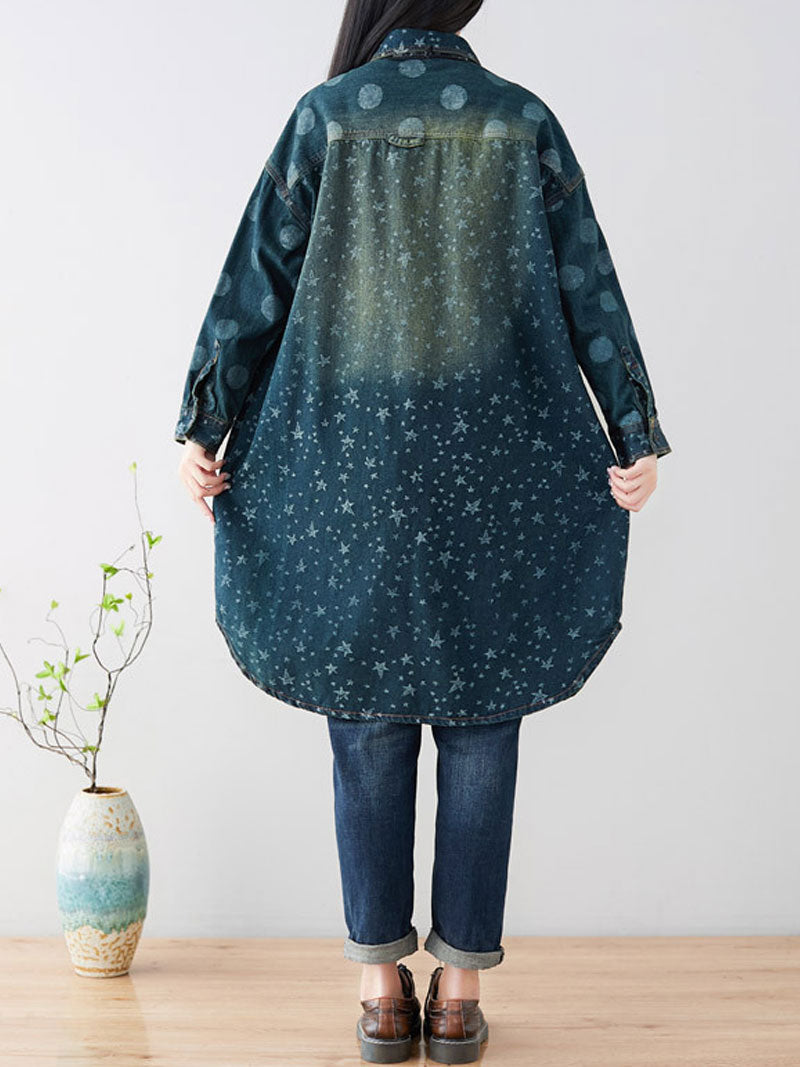 Collared Star Print Long Sleeve Washed Denim Shirt Dress 2