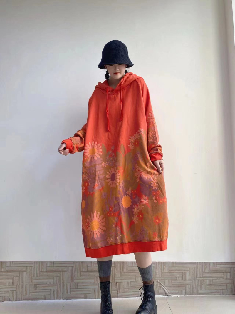 Hooded Floral Print Long Sleeve Oversized Sweatshirt Midi Dress 8