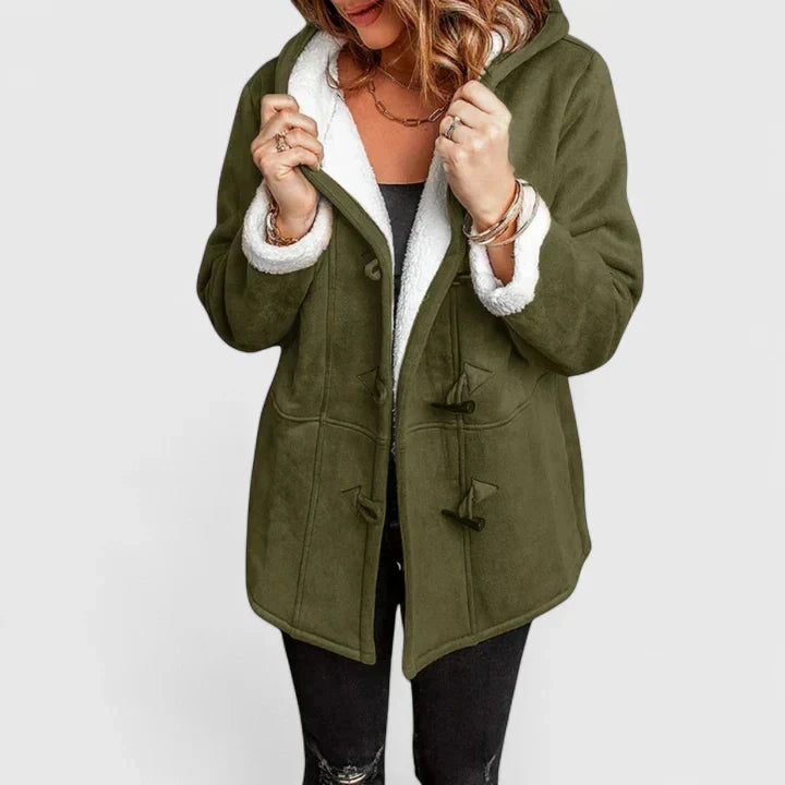 Hooded Sherpa Lined Suede Toggle Button Coat