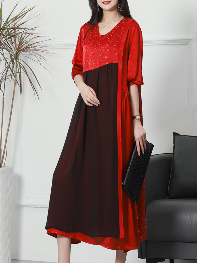 V-Neck Star Print Color Block High Waist A-Line Midi Dress