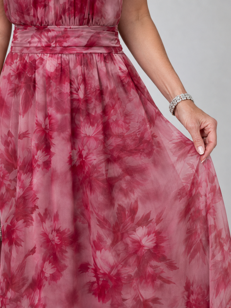 Halter Turtleneck Floral Chiffon Sash Waist Maxi Gown 4