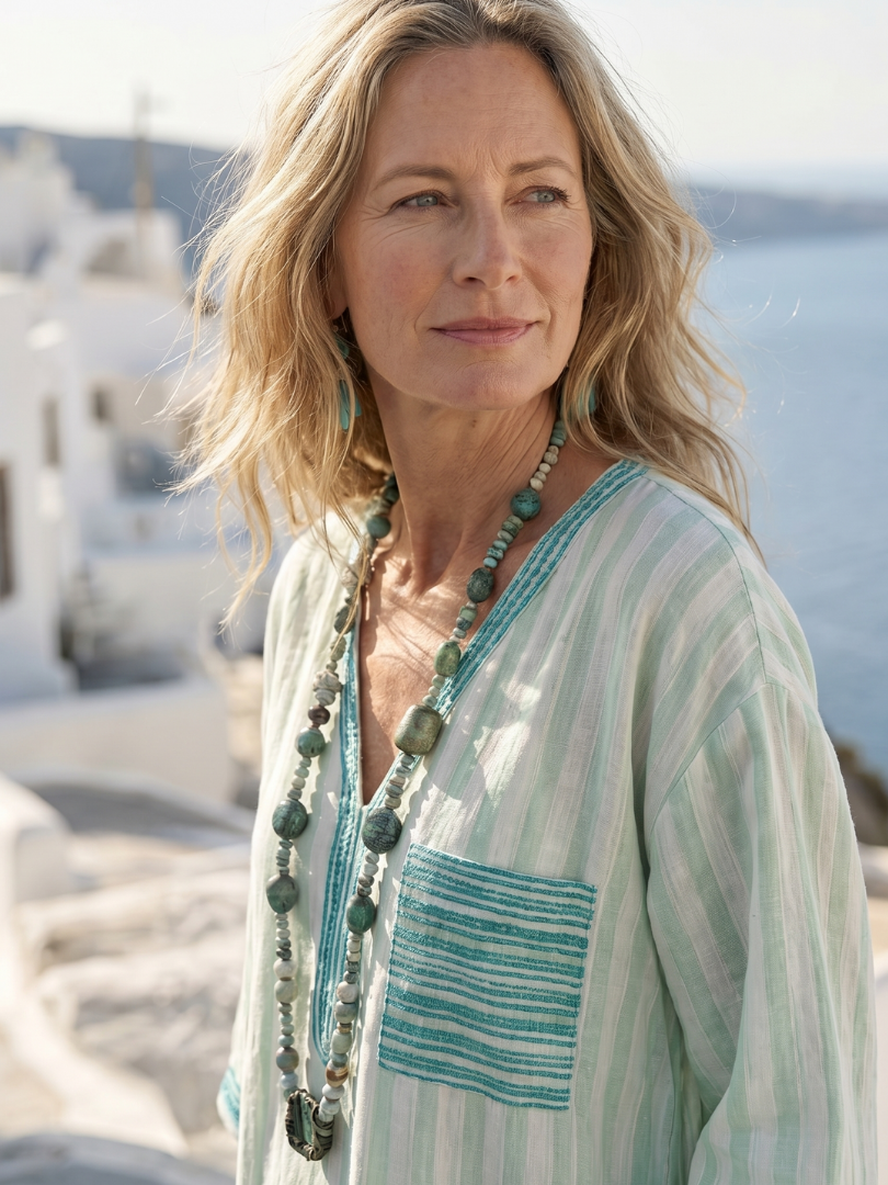 Sky Blue Split Neck Striped Patch Pocket Linen Kaftan Maxi Dress