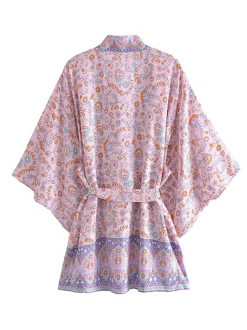 Floral Print Border Trim Tie Waist Kimono Robe 5