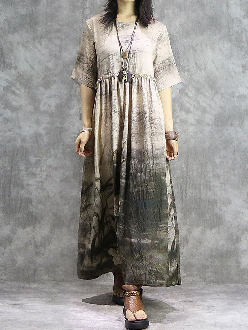Light Coffee Round Neck Ink Floral Short Sleeve Empire Waist Maxi Dress 2
