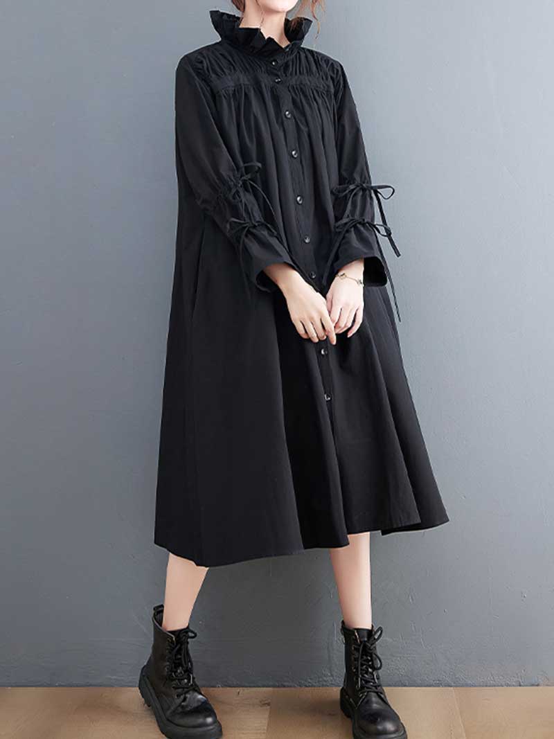 Black Ruffle Collar Button Front Tie Sleeve Loose Swing Midi Dress