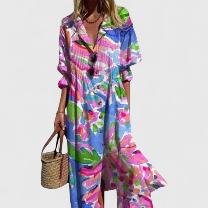 Collared Button Front Leaf Print Long Sleeve Flowy Maxi Shirt Dress 5