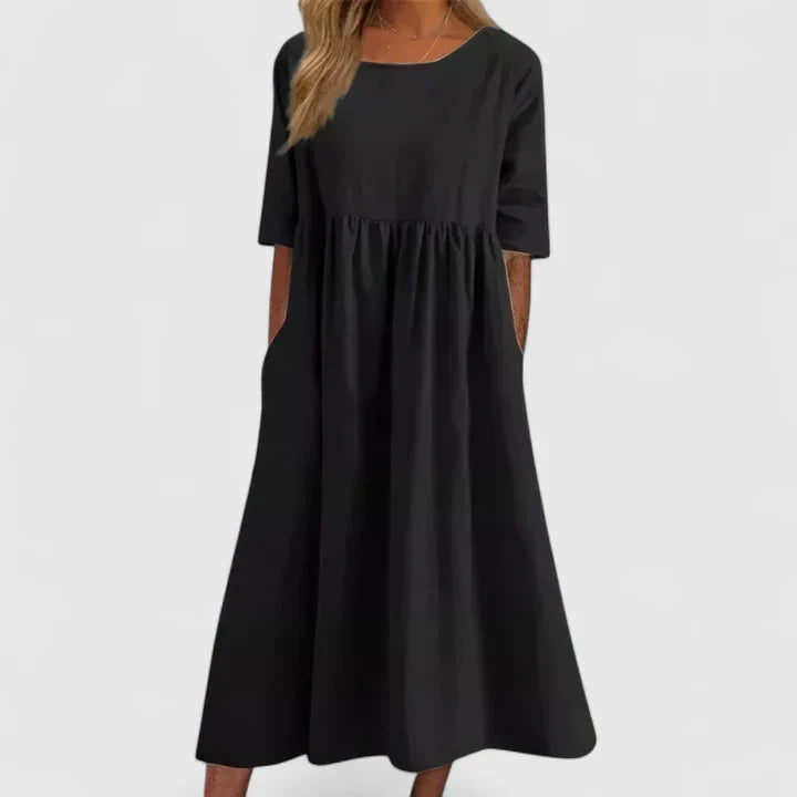 Round Neck Half Sleeve Textured Pleated Pocket A-Line Midi Dress