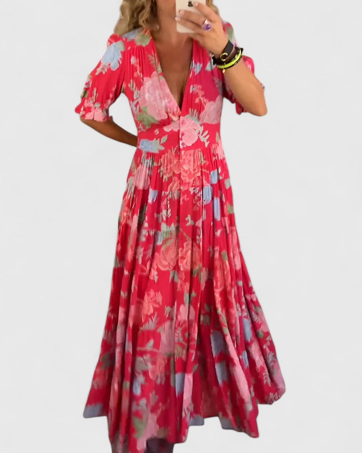 V-Neck Ruched Waist Bold Floral Puff Sleeve Tiered Maxi Dress
