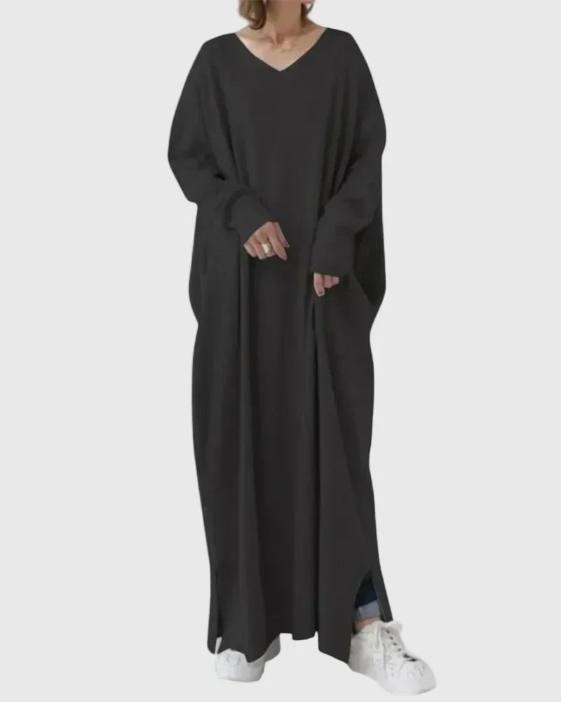 V-Neck Long Sleeve Batwing Loose Knit Side Slit Maxi Dress