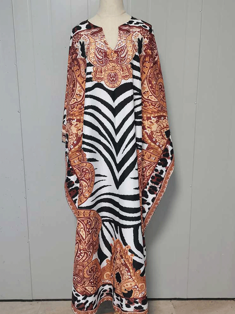 Multicolor Split Neck Zebra Paisley Print Batwing Sleeve Kaftan Maxi Dress