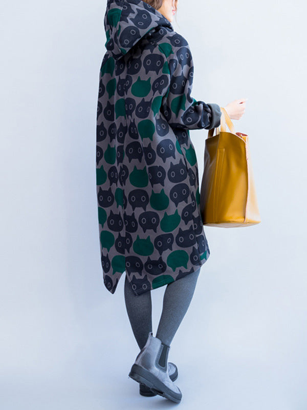 Grey Hooded Cat Print Long Sleeve Oversized Sweatshirt Midi Dress 2