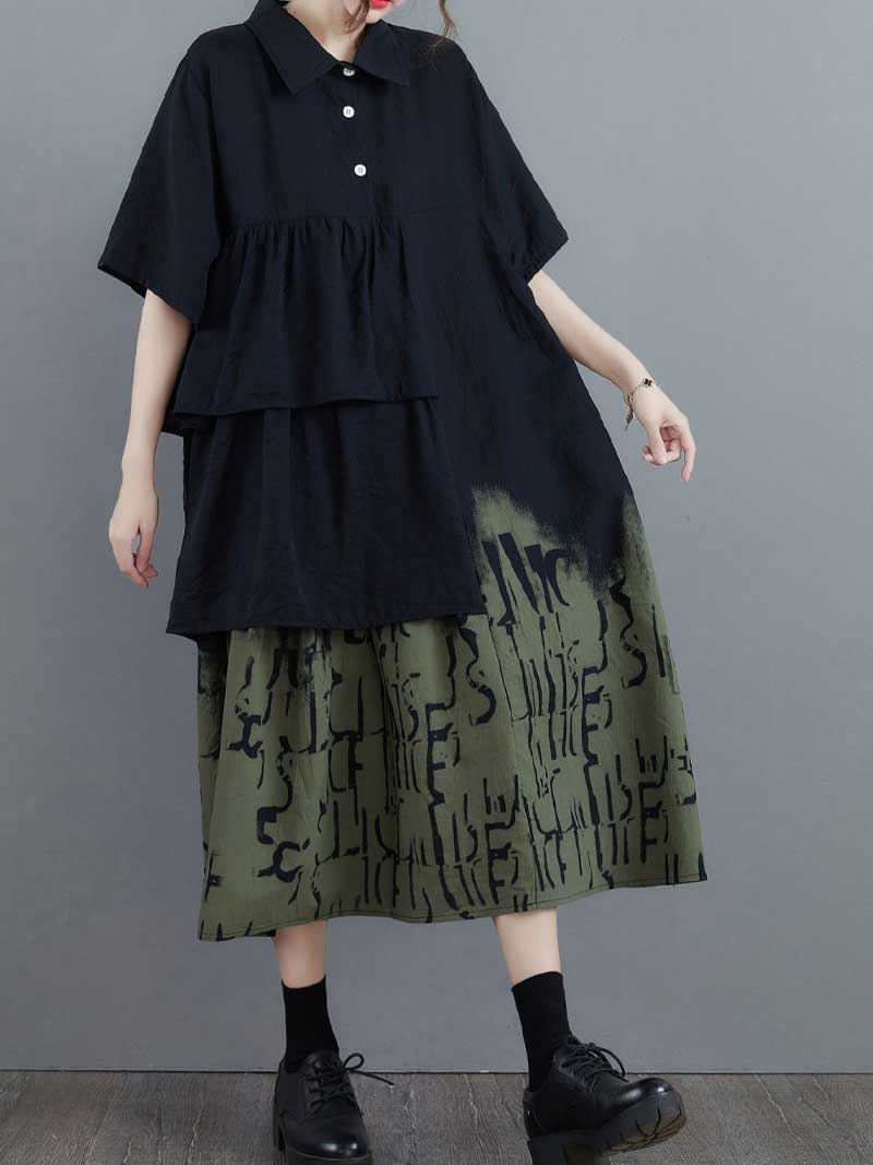 Black Collared Button Tiered Layered Abstract Print A-Line Midi Dress