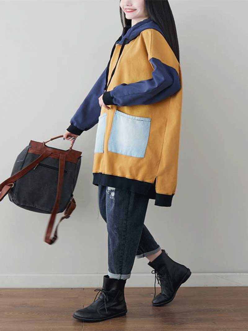 Hooded Color Block Patch Pocket Drawstring Oversized Hoodie 7