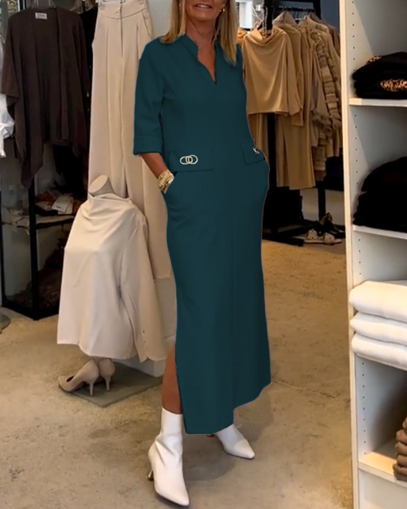 Magaly Timeless Solid Color Slit Dress with 3/4 Sleeves Premium Wardrobe Essential