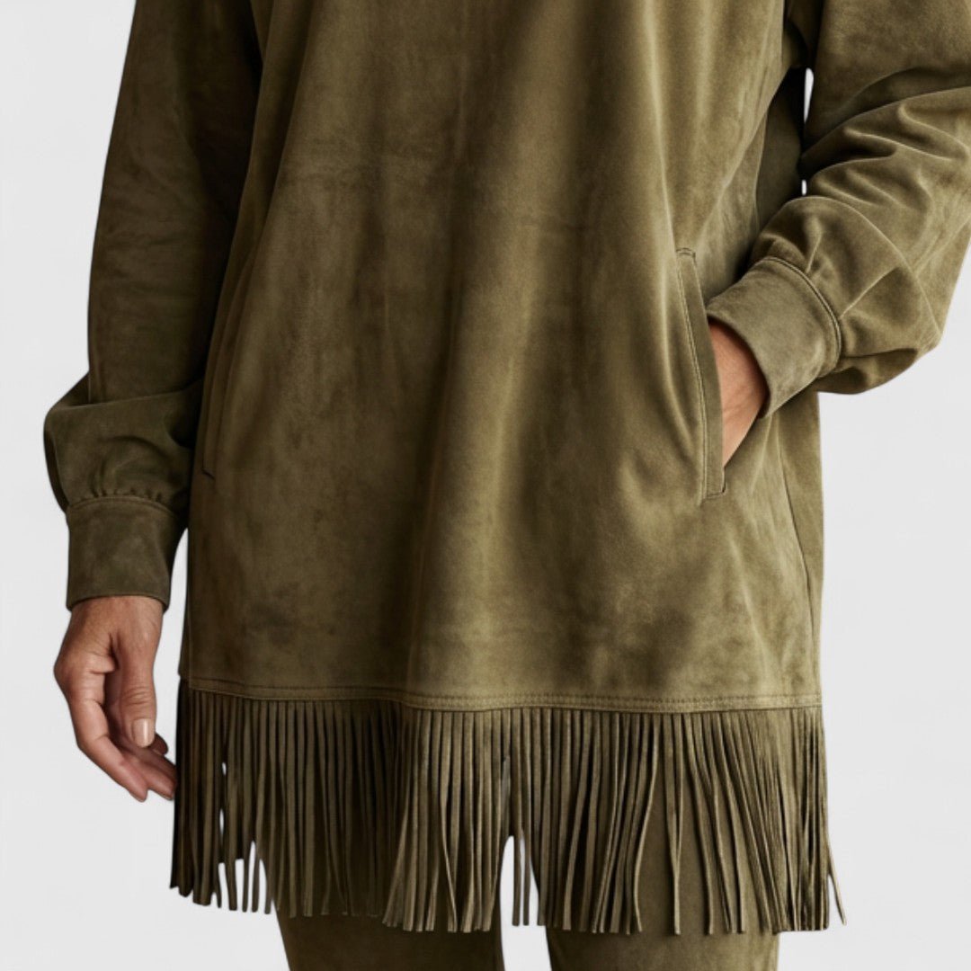 High Neck Suede Fringe Hem Long Sleeve Shift Mini Dress 5