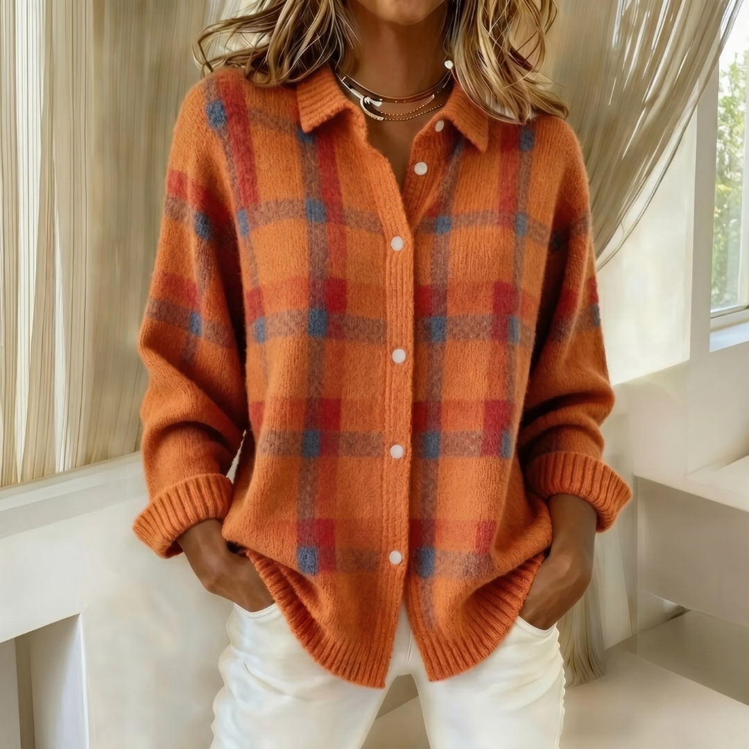 Collared Plaid Knit Button Front Long Sleeve Cardigan 4