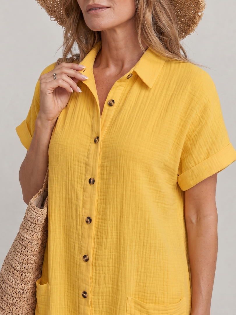 Collared Button Front Pocket Textured Shirt Mini Dress 2