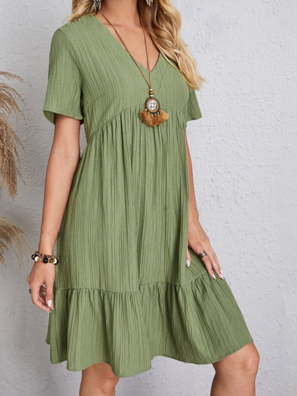 V-Neck Textured Short Sleeve Tiered Ruffle Hem Swing Mini Dress