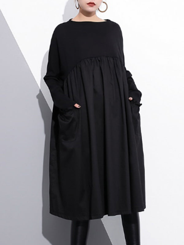 Black Round Neck Long Sleeve Pleated Pocket Smock Midi Dress