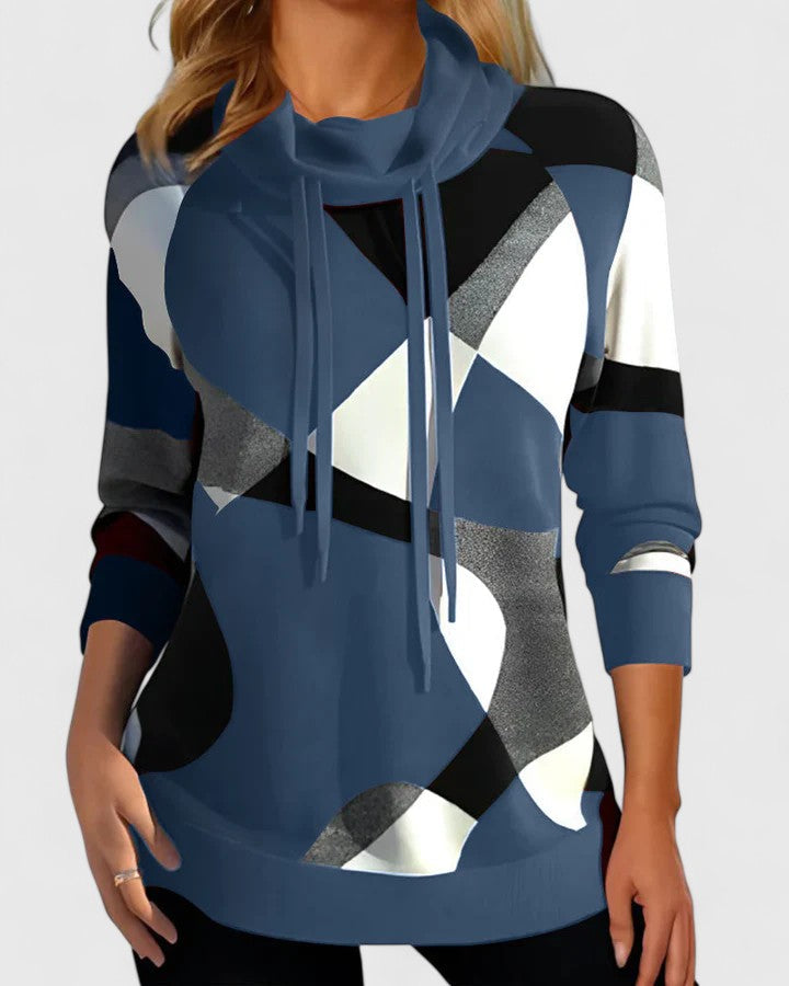 Cowl Neck Drawstring Long Sleeve Geometric Print Sweatshirt