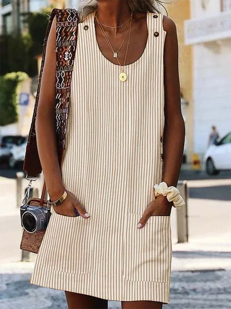 Crew Neck Women Dress Shift Daily Boho Pockets Striped Dress