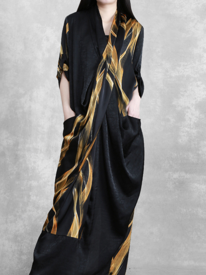 Yellow V-Neck Abstract Print Draped Pocket Loose Maxi Dress 3
