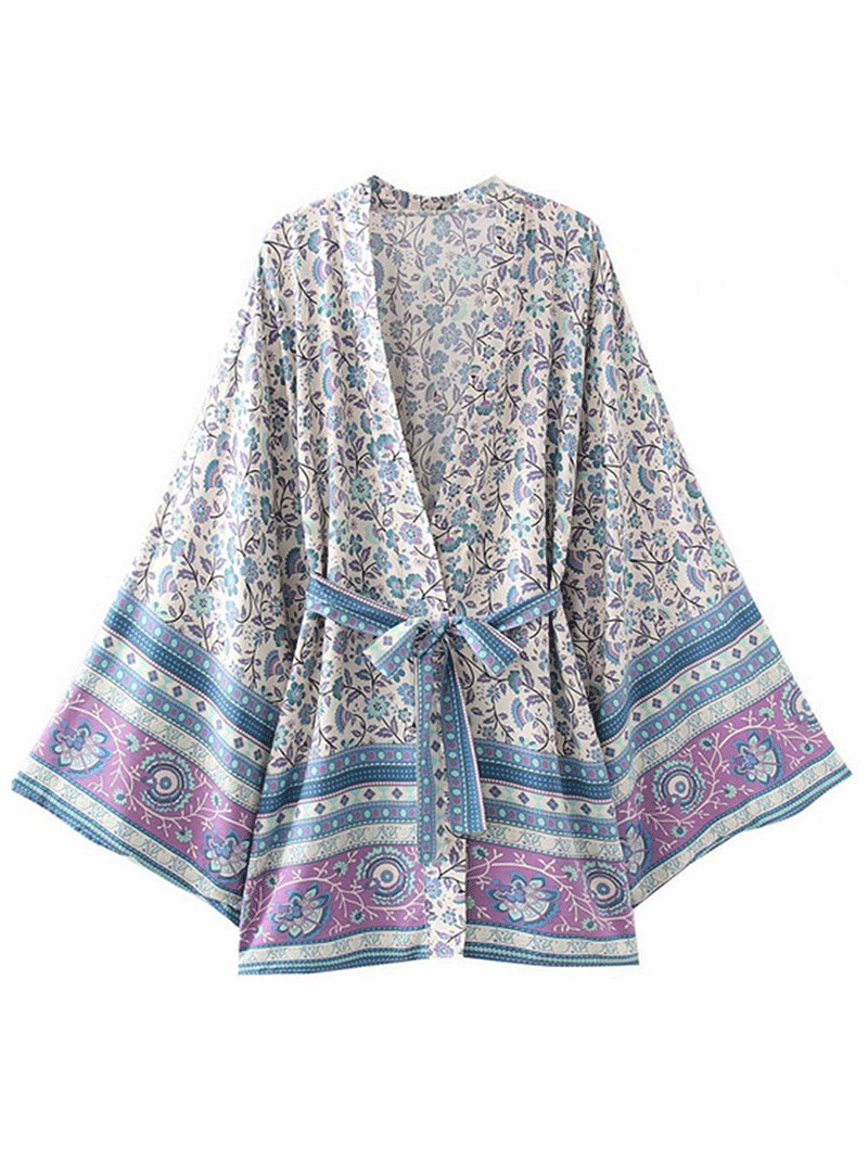 Light Blue Ditsy Floral Border Print Wide Sleeve Belted Short Kimono