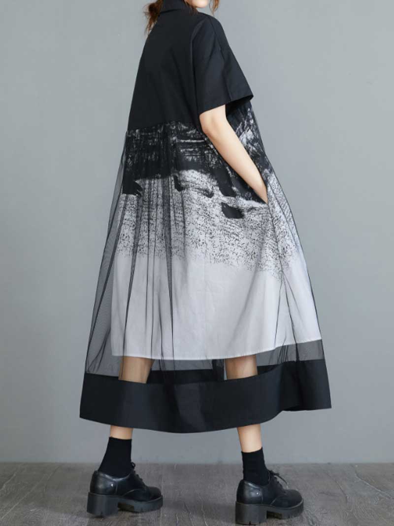 Black Collared Ink Print Button Front Mesh Hem A-Line Shirt Dress 2