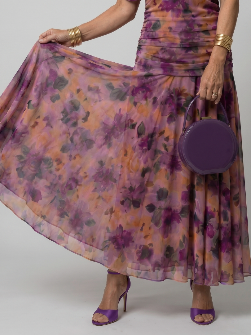 Off-Shoulder Draped Floral Chiffon Ruched Flowy Midi Dress