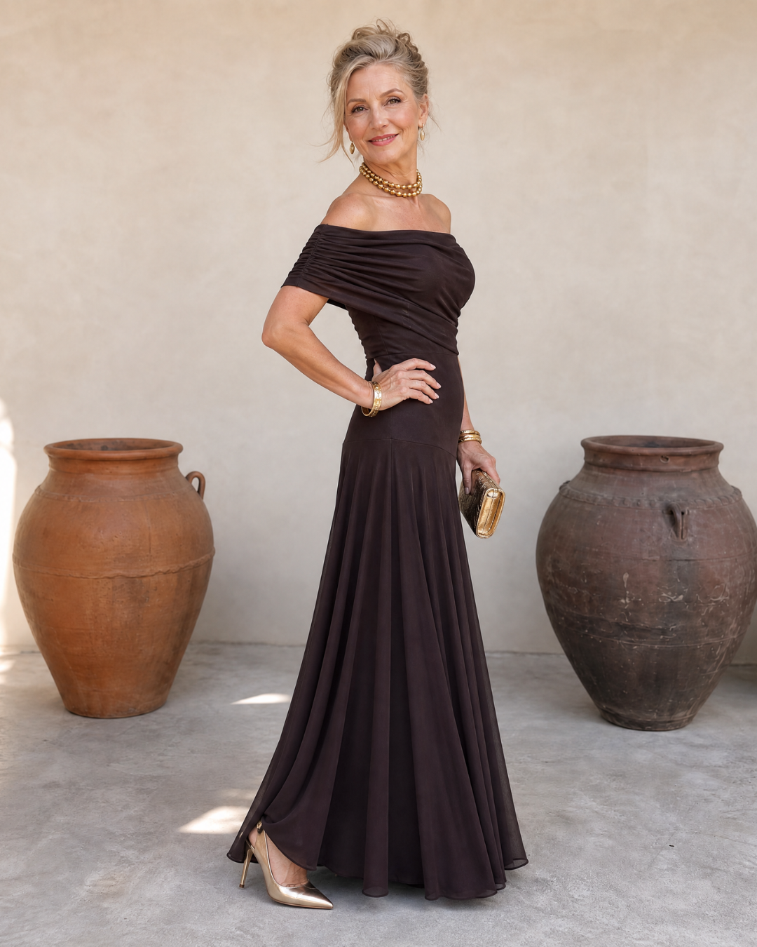 Off-Shoulder Draped Ruched Bodice Flowing Chiffon Maxi Gown