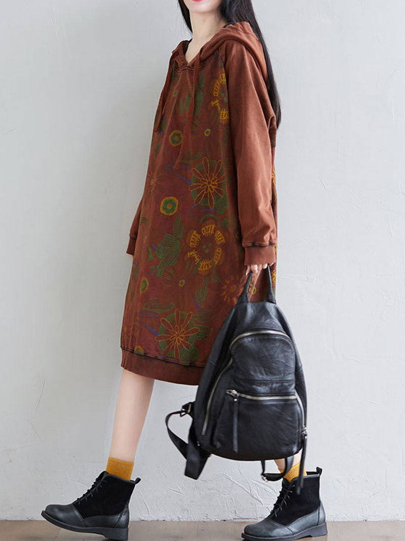 Hooded Floral Print Drawstring Long Sleeve Sweatshirt Midi Dress