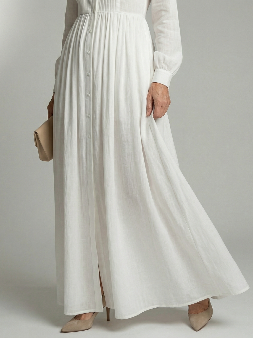 Collared Button-Front Pintuck Pleated Long Sleeve Shirt Maxi Dress