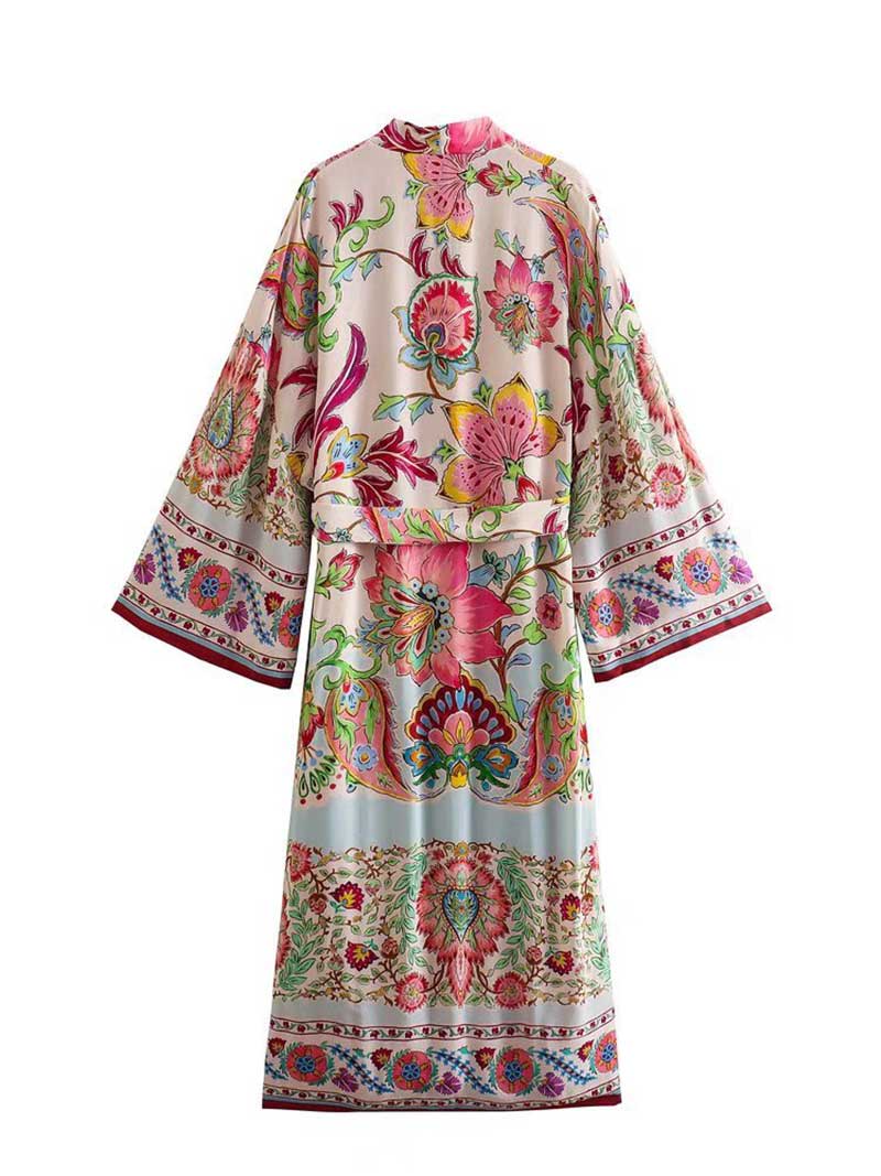 Multicolor Floral Print Belted Long Kimono Duster Robe
