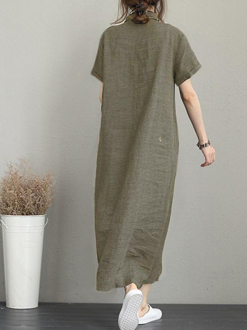 Collared Button Placket Short Sleeve Linen Shirt Maxi Dress 5