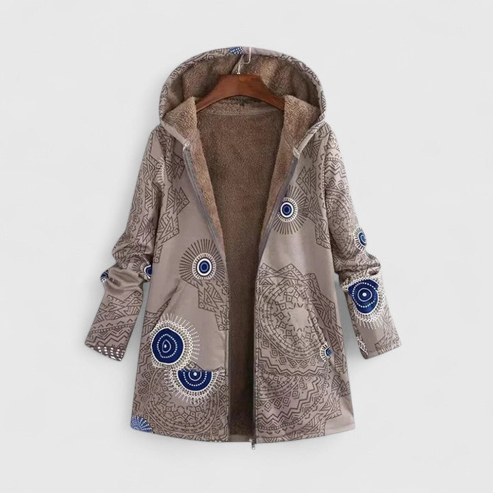 Hooded Ethnic Print Fleece-Lined Zip Front Long Sleeve Jacket
