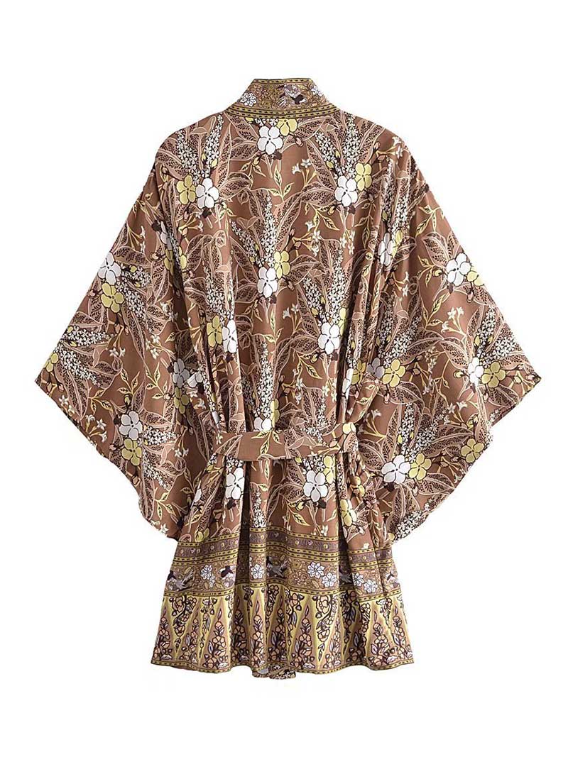 Coffee Floral Print Batwing Sleeve Tie Waist Short Kimono Robe 2