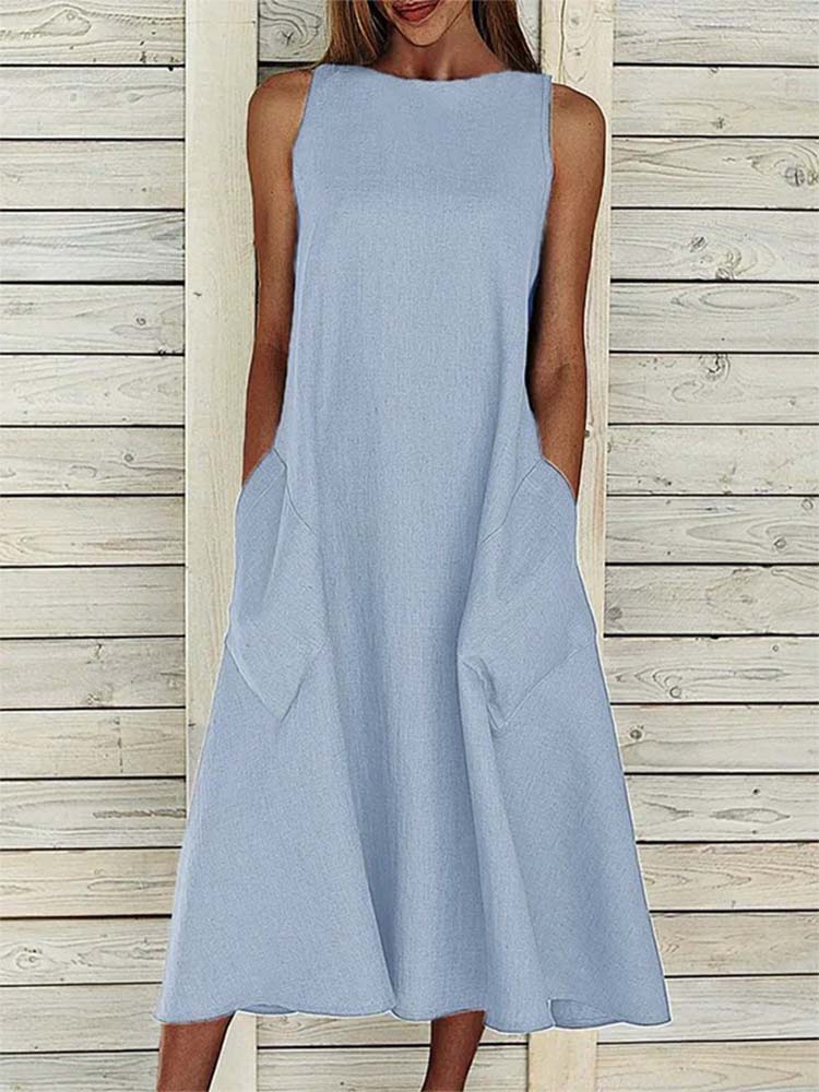 Summer Crew Neck Solid Cotton Blend Sleeveless Pocket Dress