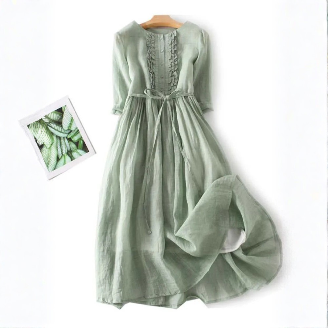 Round Neck Ruffle Placket Roll Sleeve Drawstring Linen Maxi Dress