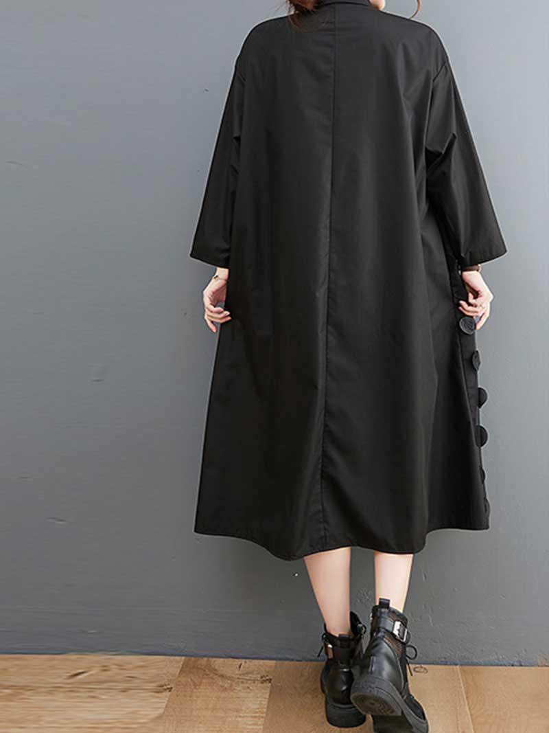 Black Collared Button Front Textured Dot Loose Midi Dress 2