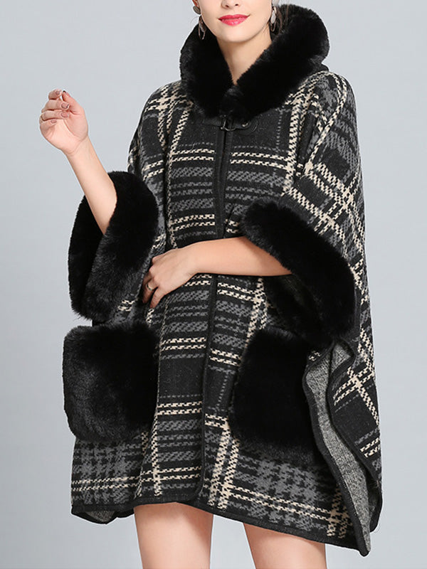 Hooded Faux Fur Trim Plaid Pocket Cape Cardigan