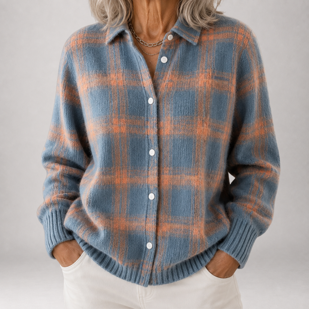 Blue Plaid Collared Brushed Plaid Knit Button-Front Cardigan