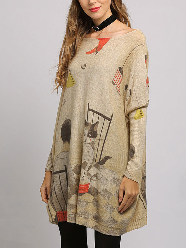 Boat Neck Cat Print Long Sleeve Knit Sweater Tunic