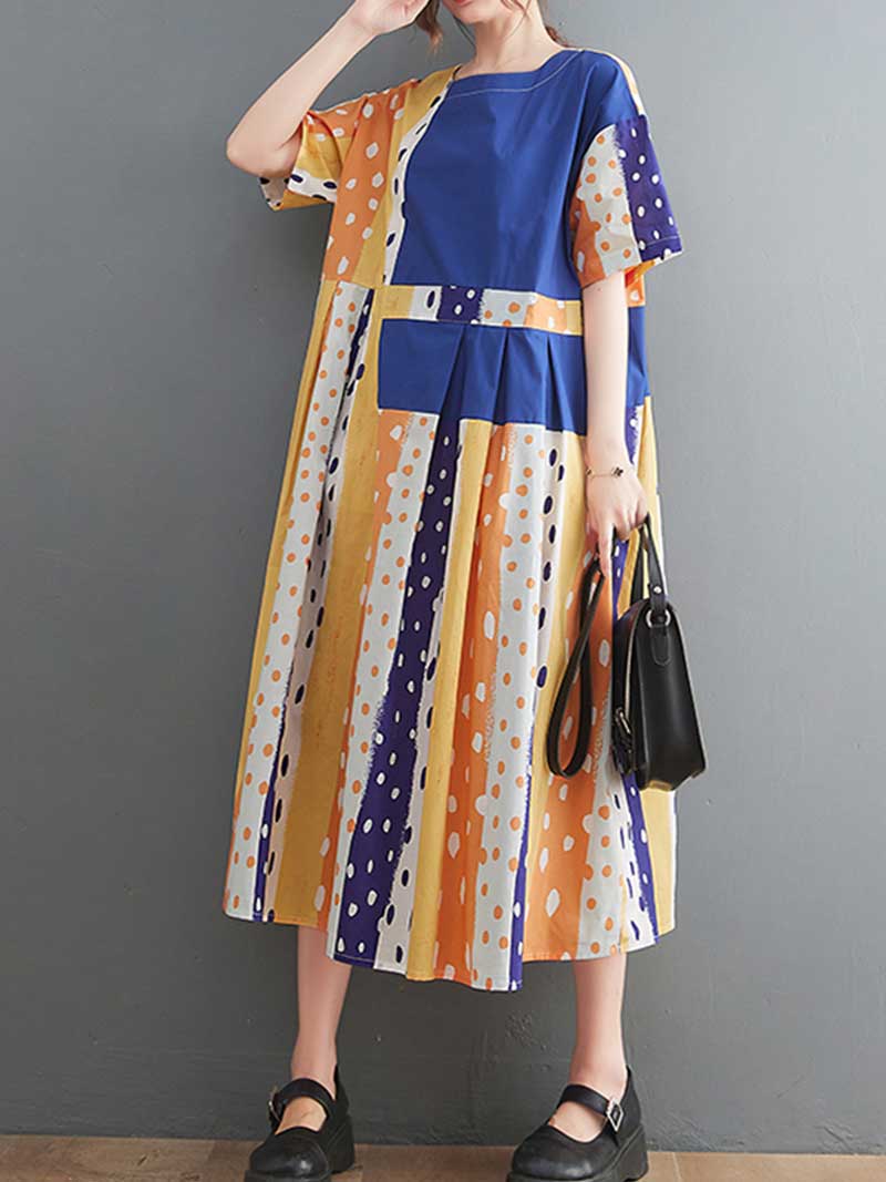 Round Neck Polka Dot Patchwork Short Sleeve Pleated A-Line Midi Dress 10