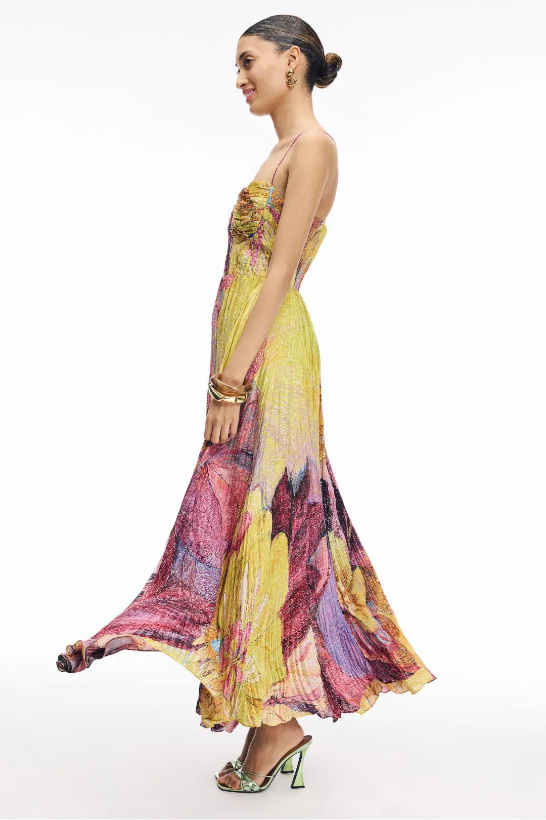 Kiara Multicolored Spaghetti Strap Floral Pleated Cutout Waist Flowy Maxi Dress