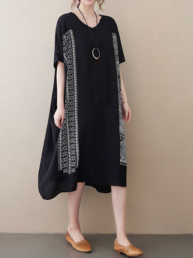V-Neck Batwing Sleeve Geometric Print Loose Oversized Midi Dress 5