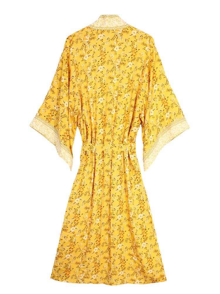 Yellow Ditsy Floral Print Open Front Long Kimono Robe 6